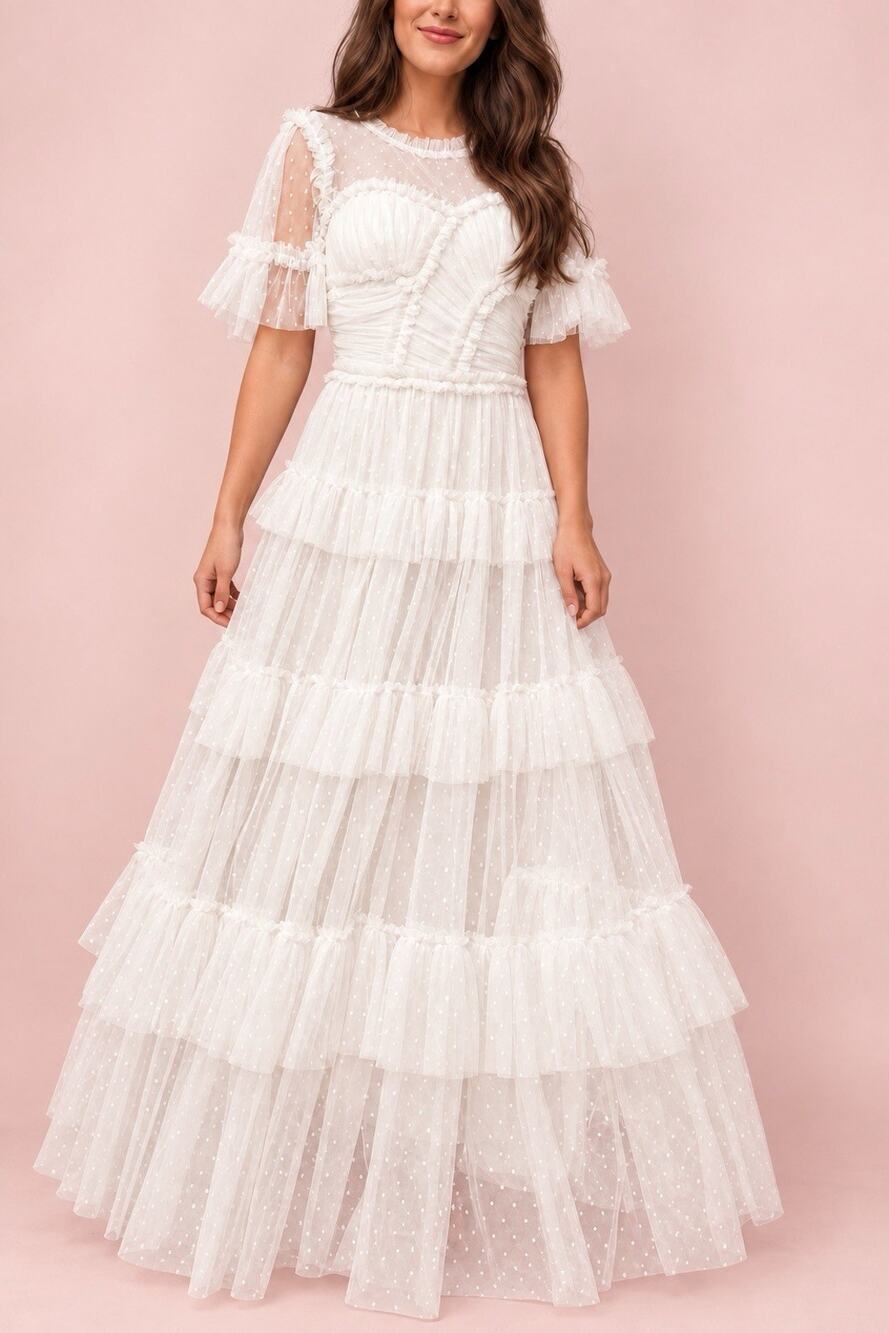 White Tulle Maxi Dress Size 4 NWT Tiered Ruffle Bridal Wedding Cottagecore Gown